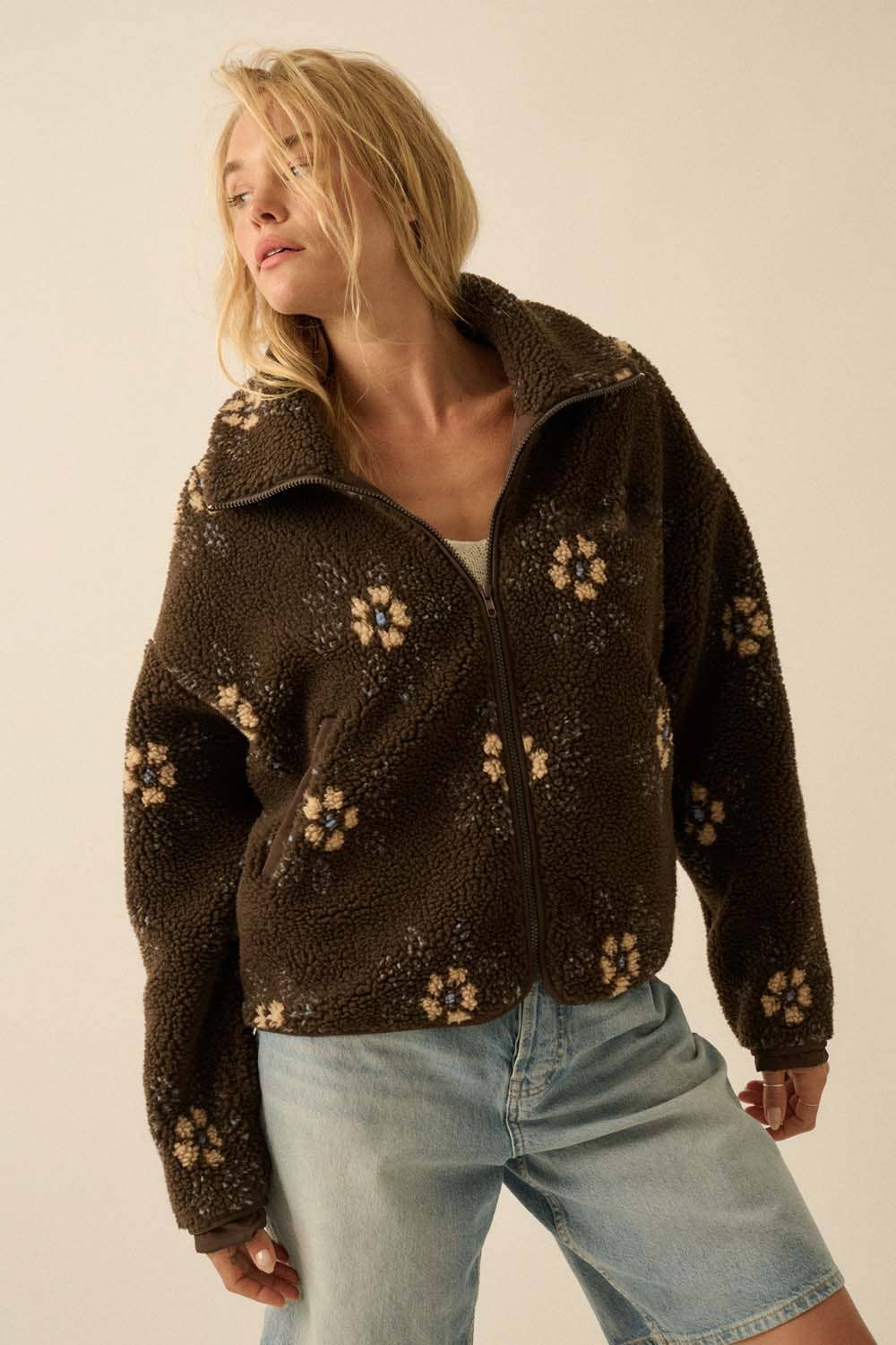 Floral Fleece Zip-Up Jacket