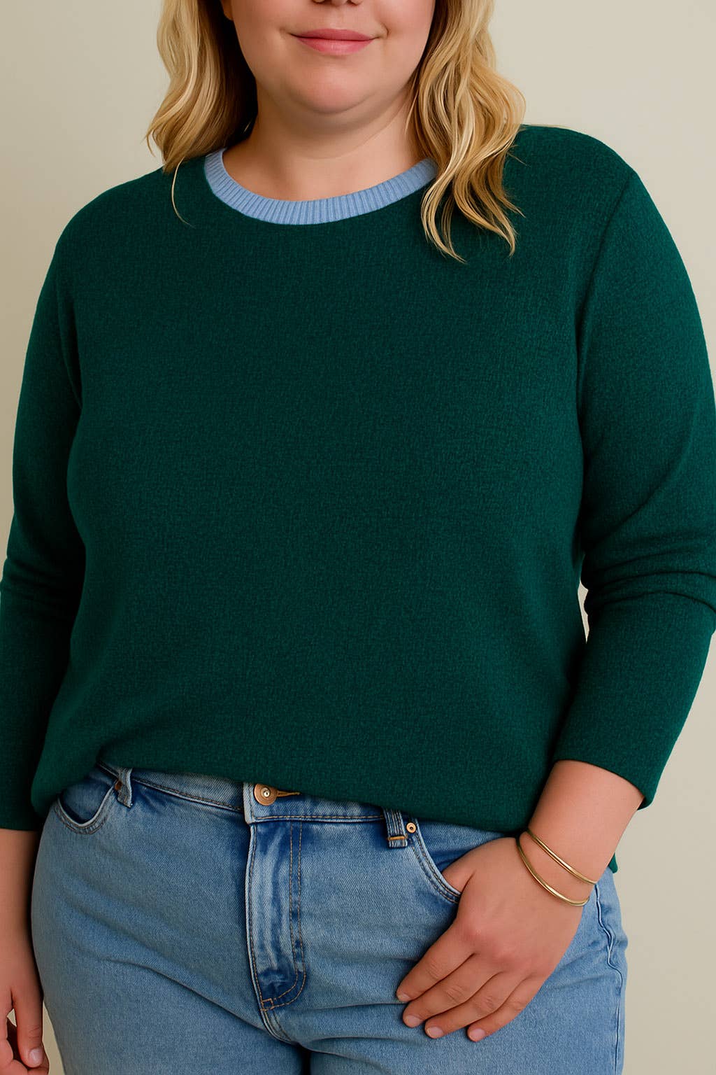 PLUS Contrast Round Neck Long Sleeve Top