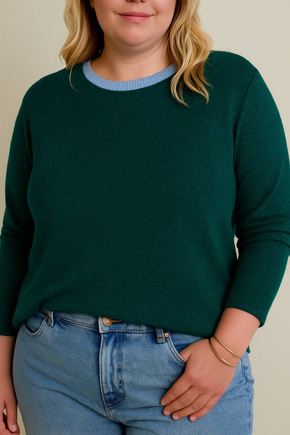 PLUS Contrast Round Neck Long Sleeve Top