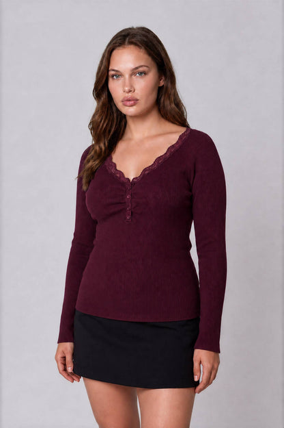 PLUS Lace Trim Henley Knit Top