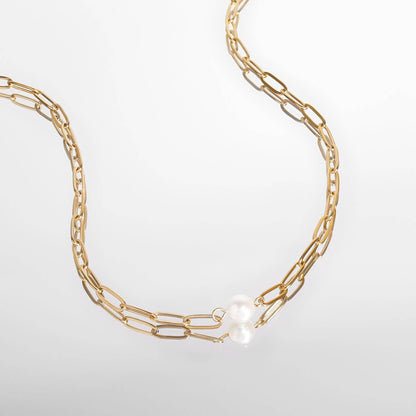 Gold Paperclip Necklace With Pearl 16"
