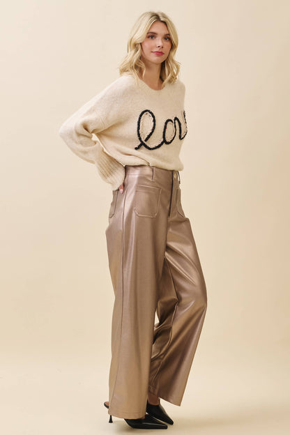 Metallic Wide-Leg Faux Leather Pants