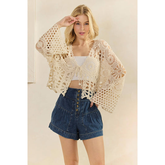 Crochet Bell Sleeve Top with Tie Front