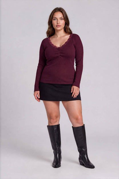 PLUS Lace Trim Henley Knit Top