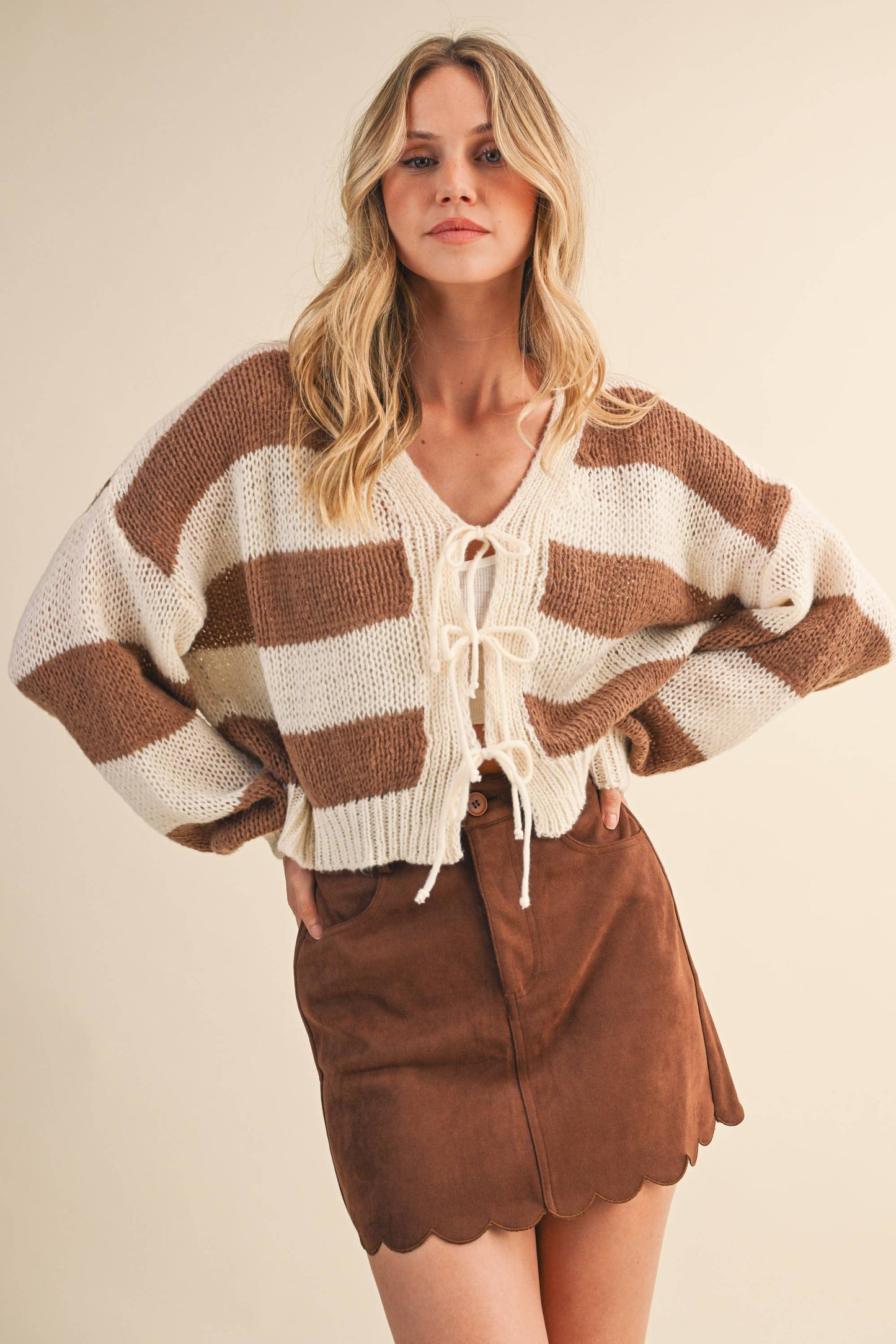 STRIPED FRONT TIE CARDIGAN SWEATER