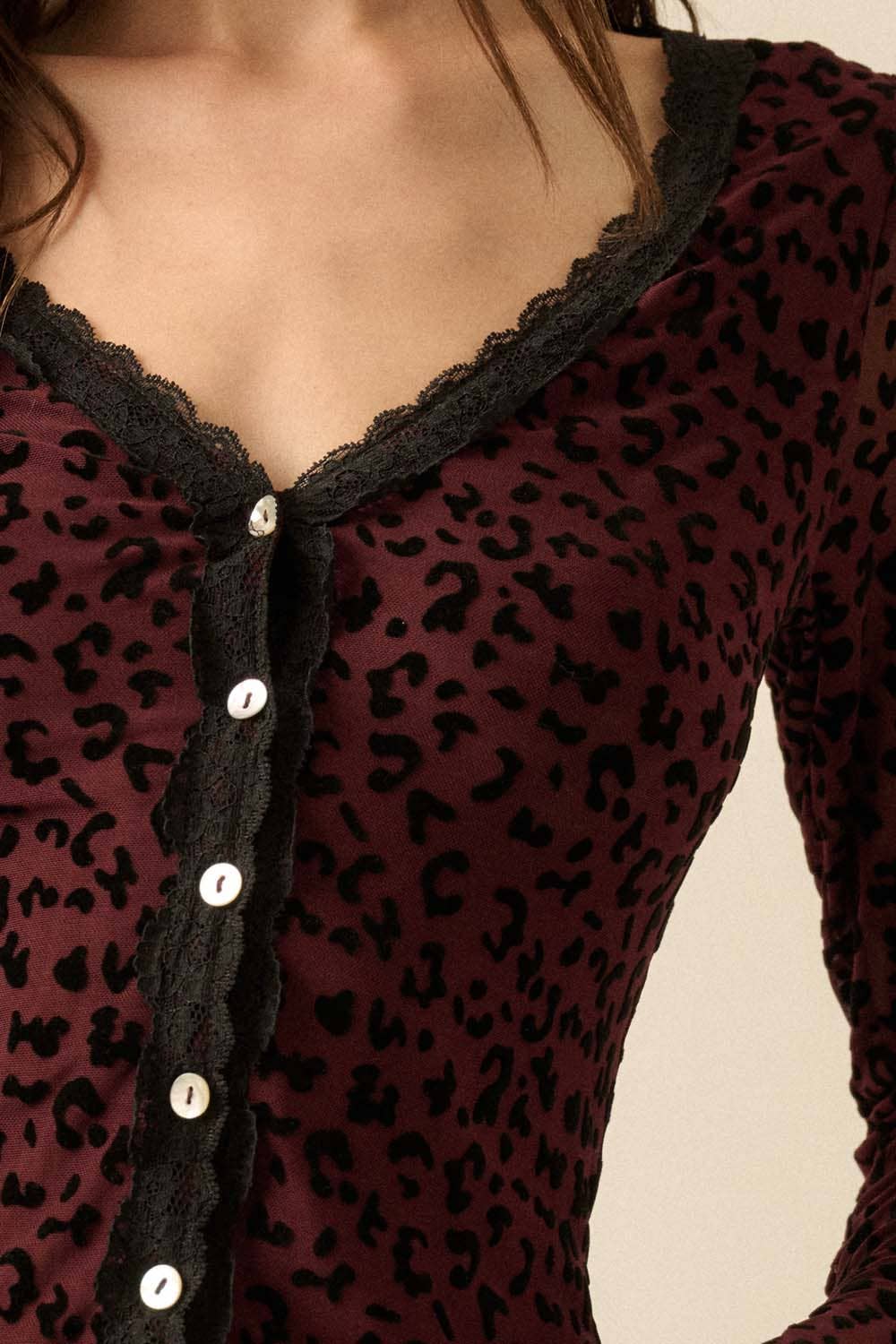 Leopard Mesh Lace-Trim Button-Front Top