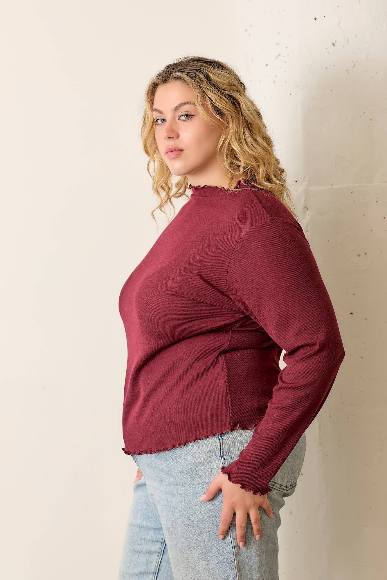 PLUS Ruffled High Neck Rib Knit Top