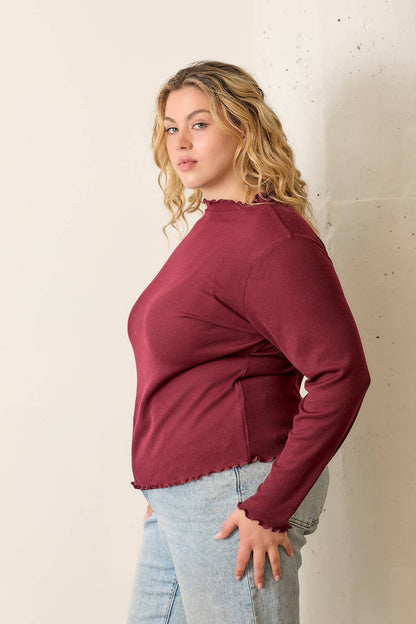 PLUS Ruffled High Neck Rib Knit Top