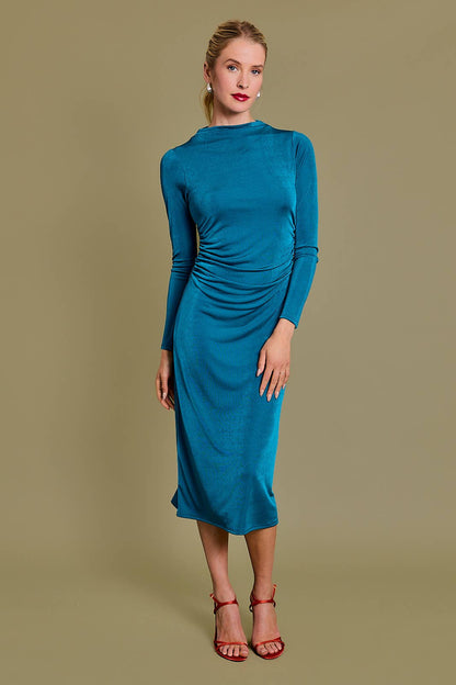 Shimmer Long Sleeve Side Shirring Midi Dress