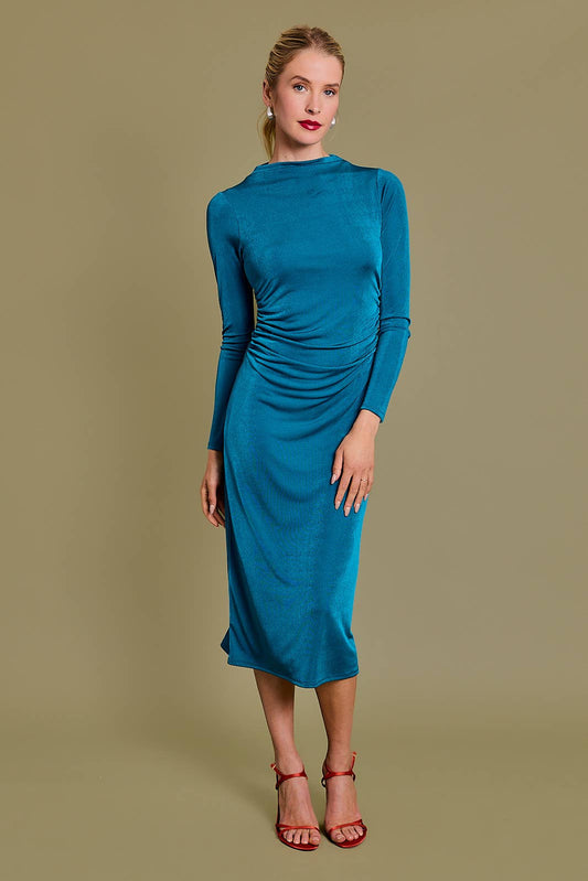 Shimmer Long Sleeve Side Shirring Midi Dress
