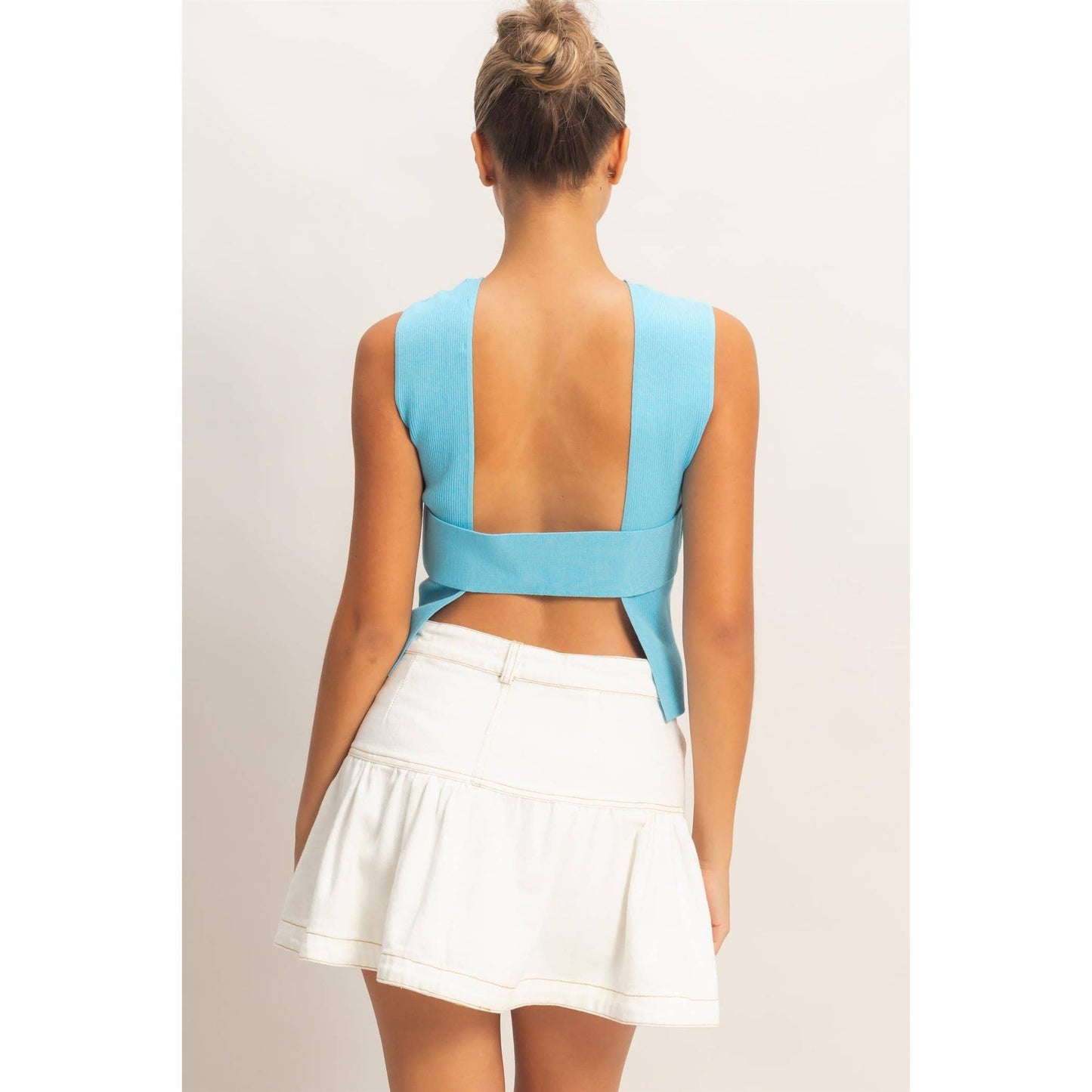 Ribbed Crew Neck Open Back Top