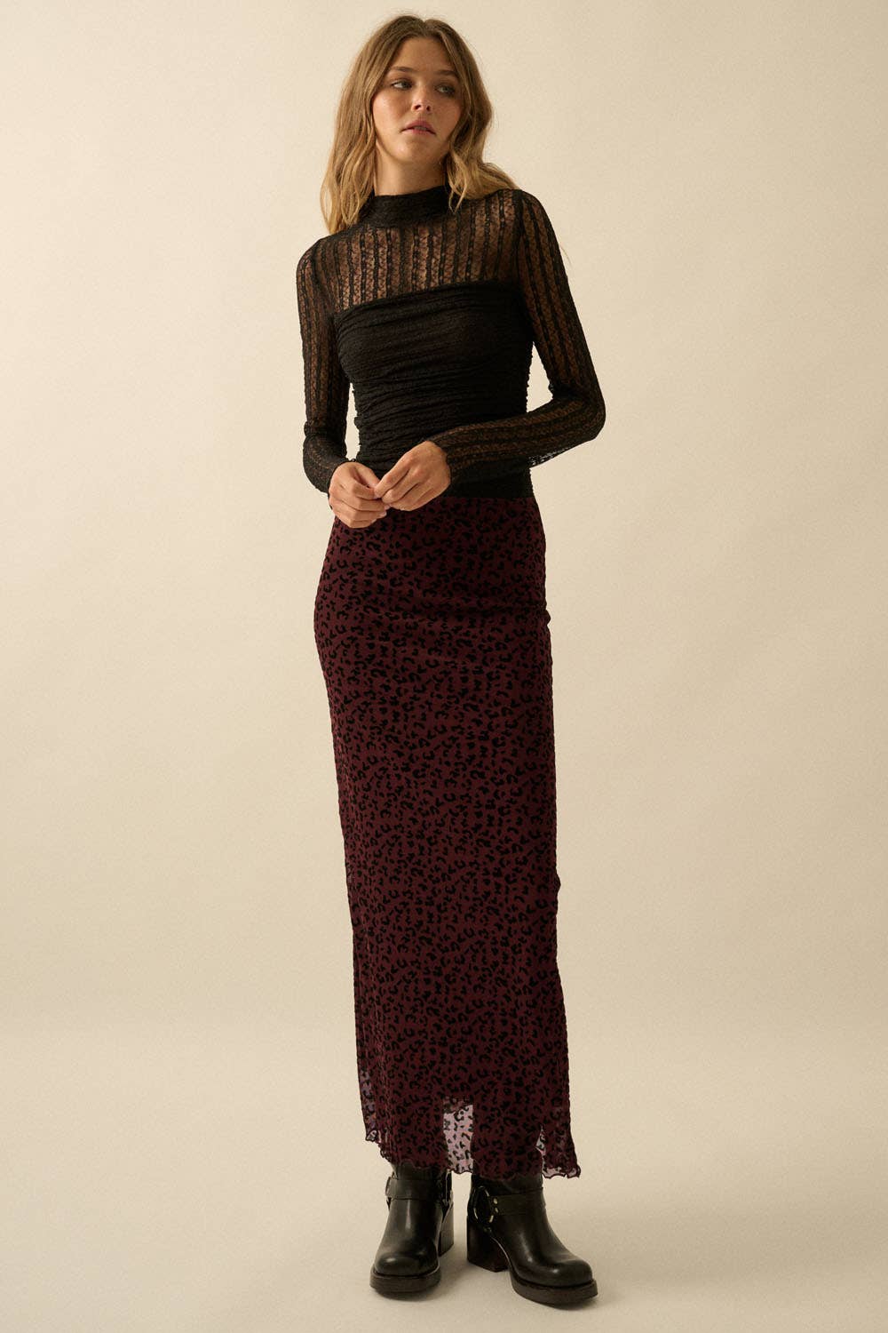 Leopard Mesh Straight Maxi Skirt