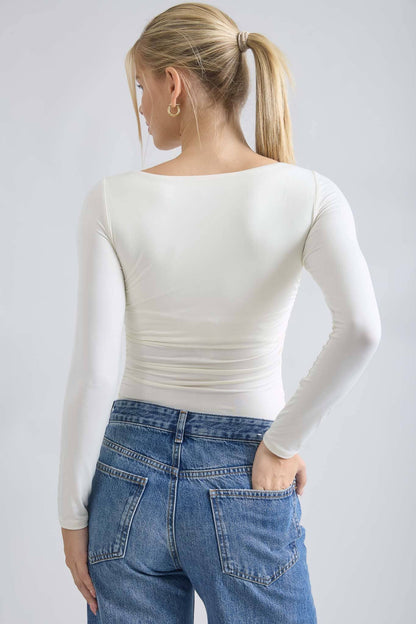 Boat Neck Ruched Knit Top
