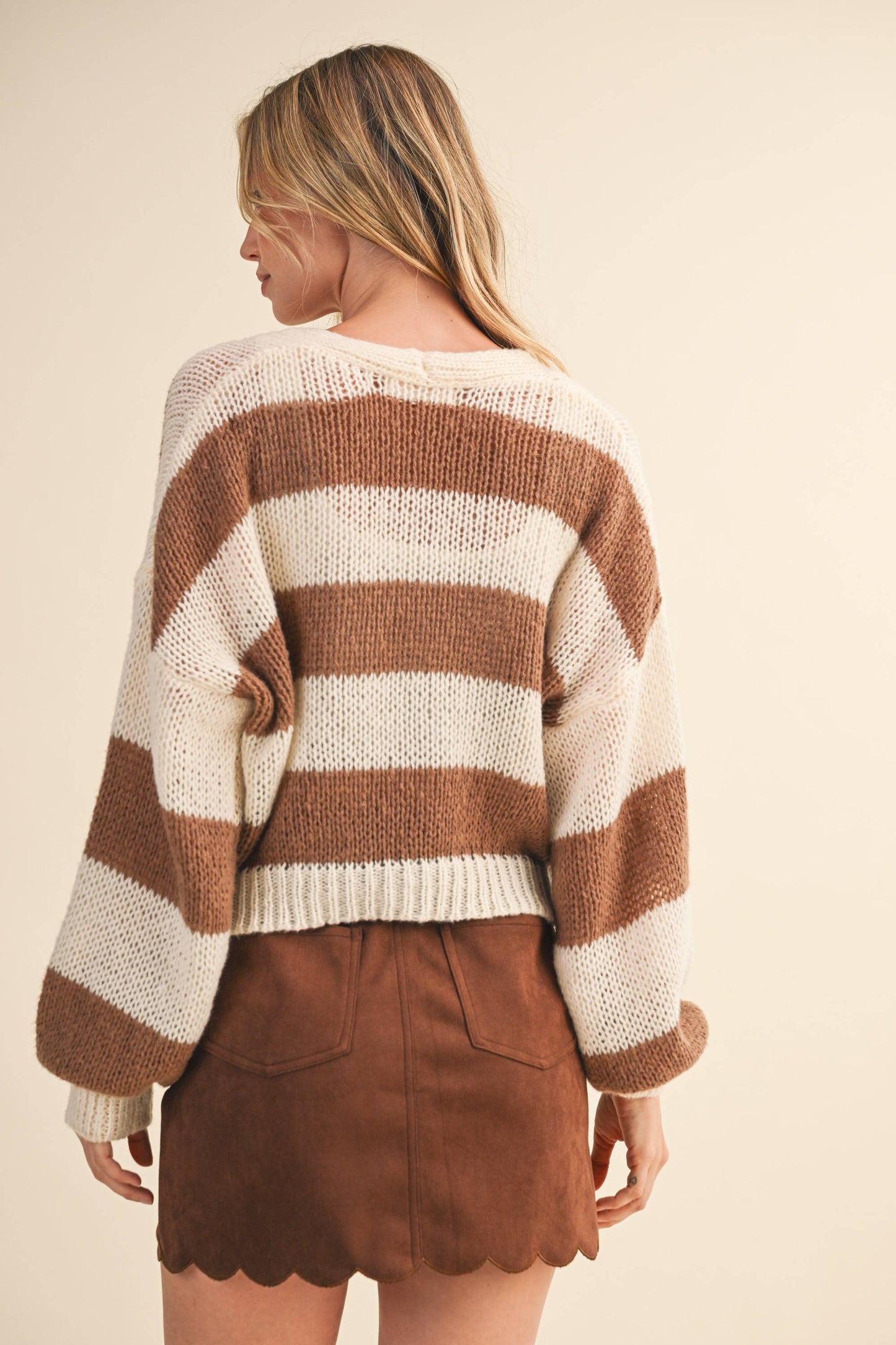 STRIPED FRONT TIE CARDIGAN SWEATER