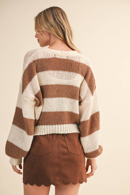 STRIPED FRONT TIE CARDIGAN SWEATER