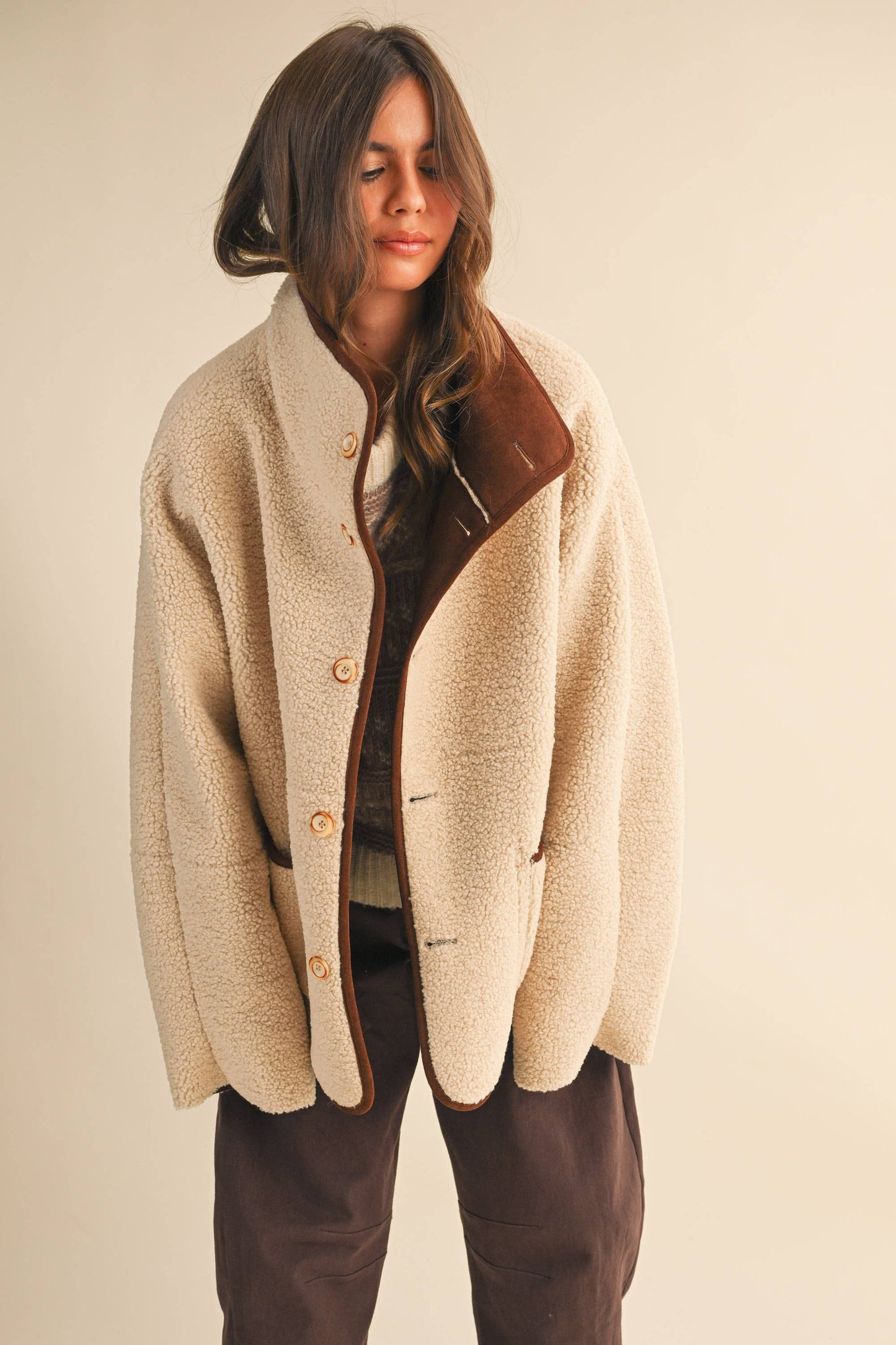 REVERSIBLE SUEDE AND SHERPA OVERSIZED JACKET