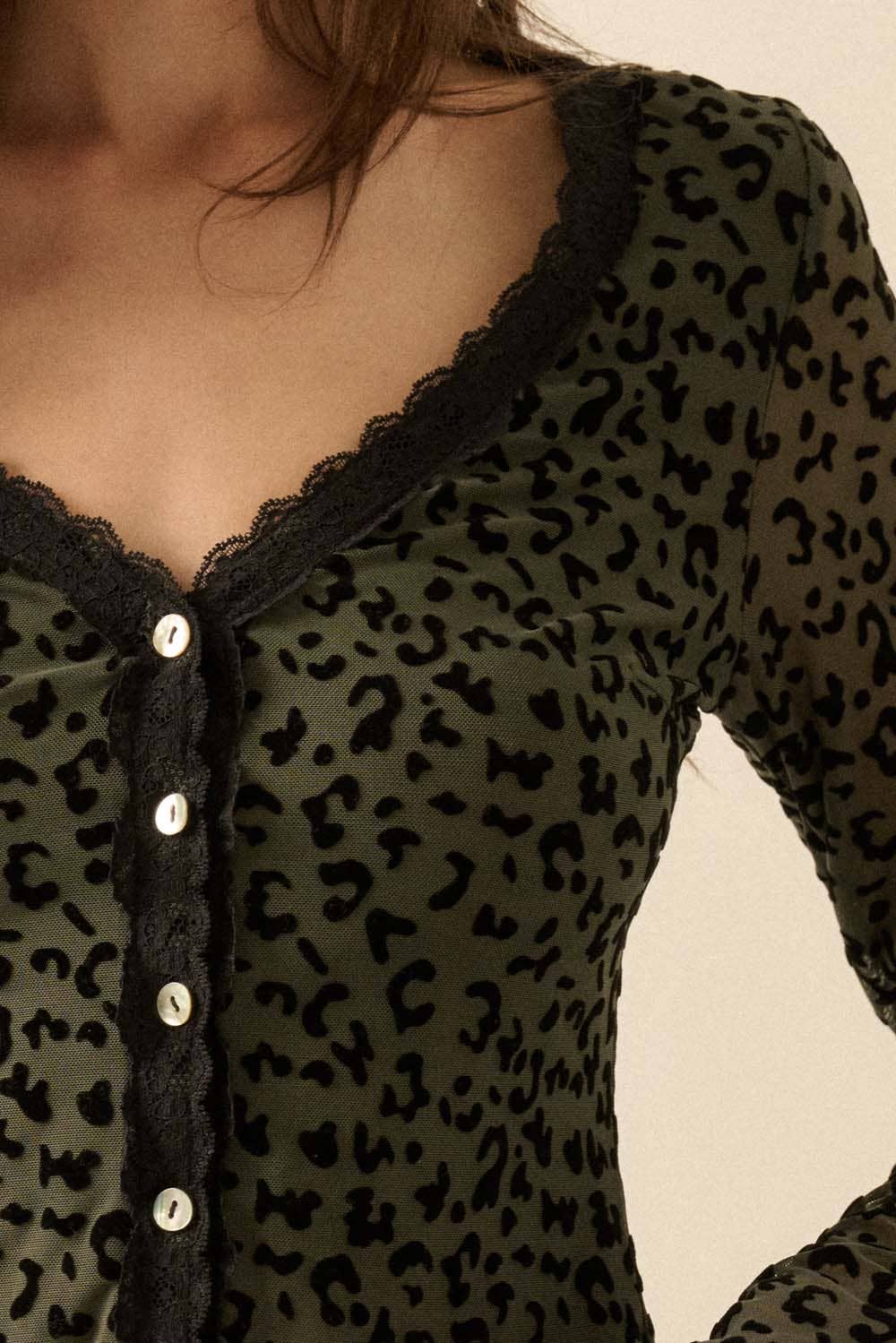Leopard Mesh Lace-Trim Button-Front Top