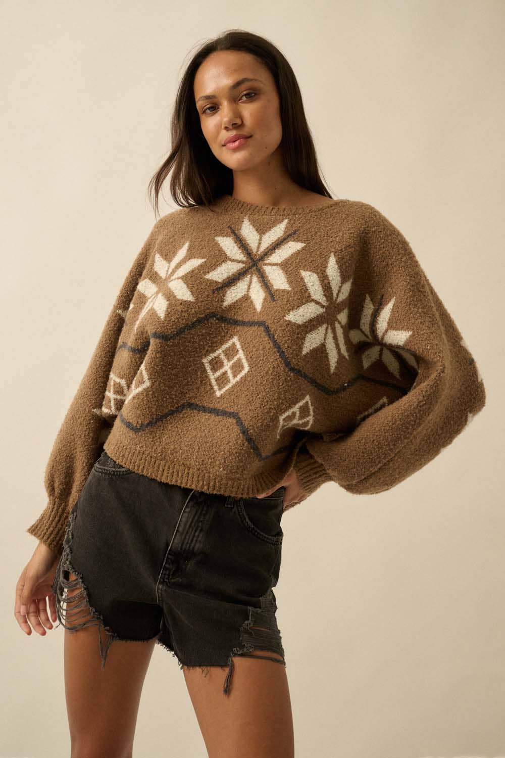 Textured Alipine-Knit Dolman-Sleeve Sweater