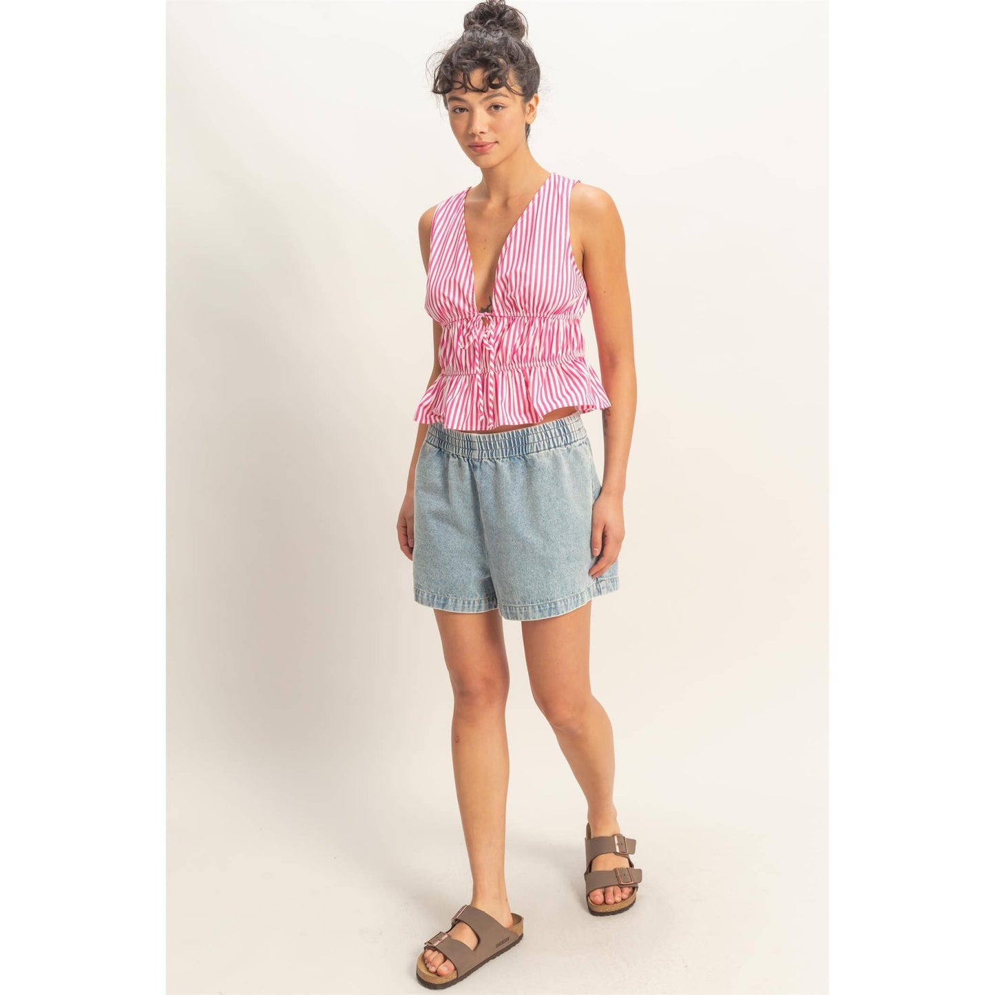 Striped Tie Front Peplum Sleeveless Top