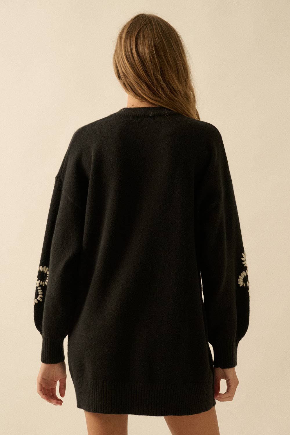 Floral Embroidered Mock-Neck Mini Sweater Dress