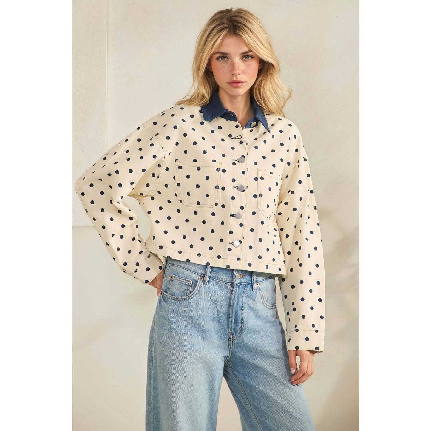 Cropped Polka Dot Denim Jacket