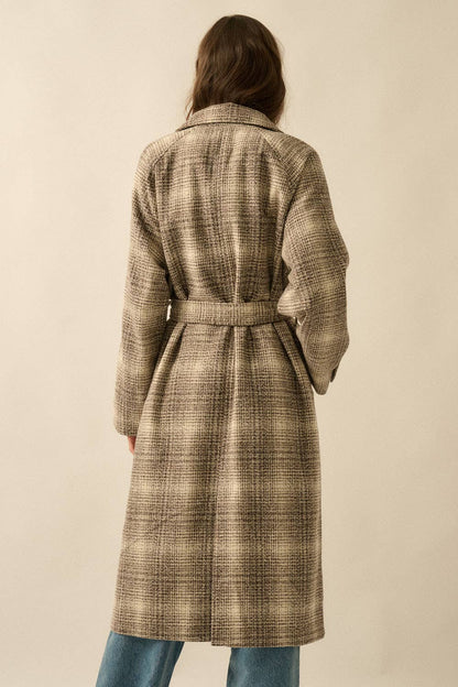Plaid Tweed Open-Front Belted Raglan Overcoat