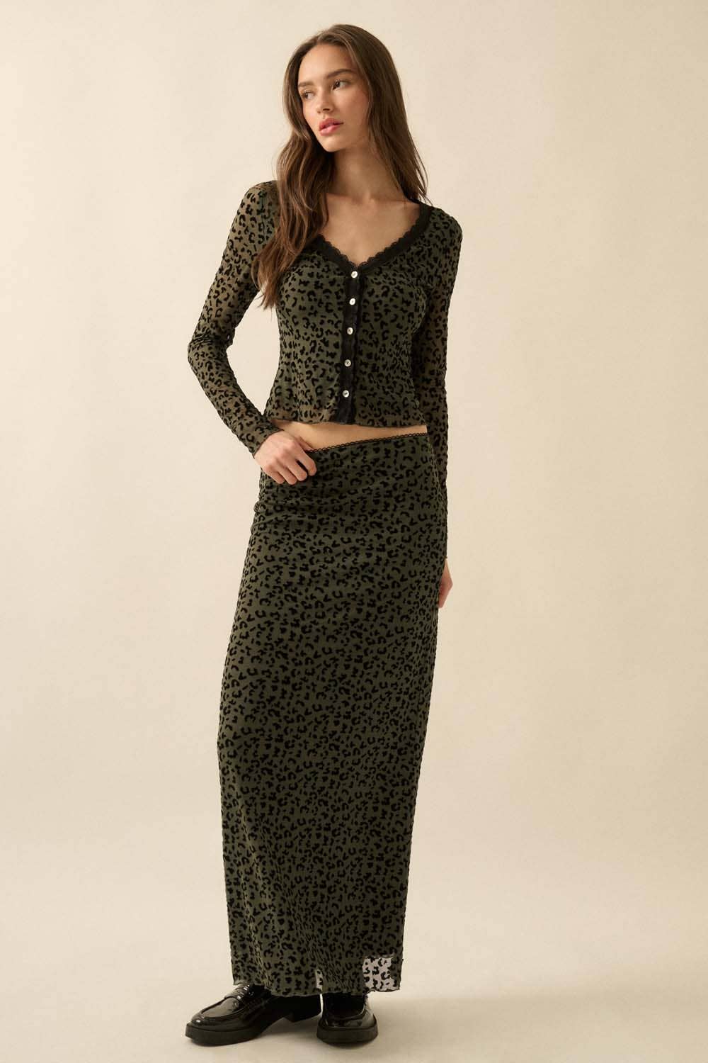 Leopard Mesh Lace-Trim Button-Front Top