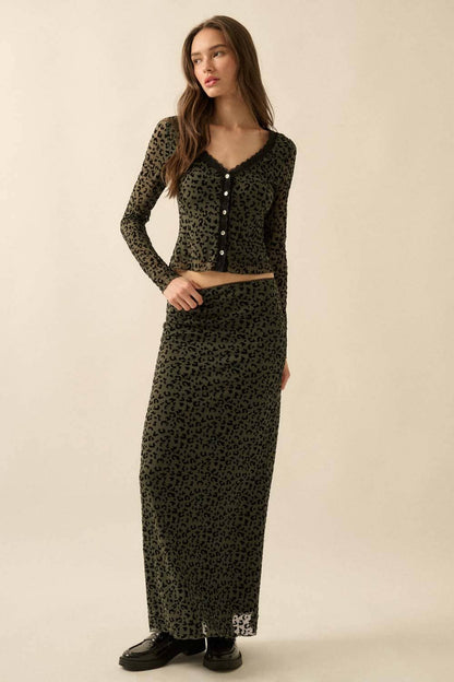 Leopard Mesh Lace-Trim Button-Front Top