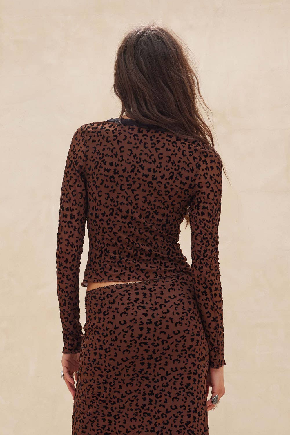 Leopard Mesh Lace-Trim Button-Front Top