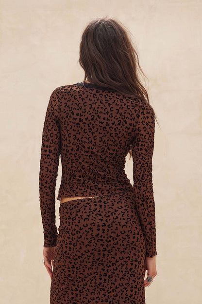 Leopard Mesh Lace-Trim Button-Front Top