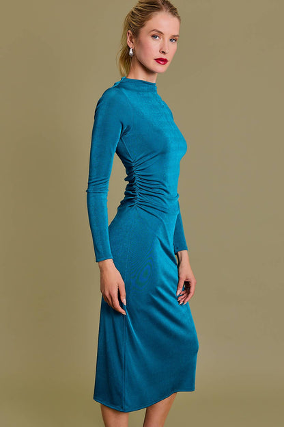 Shimmer Long Sleeve Side Shirring Midi Dress