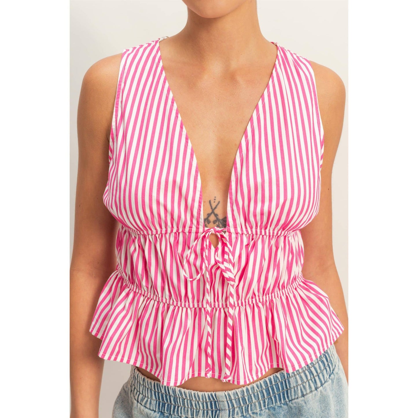 Striped Tie Front Peplum Sleeveless Top