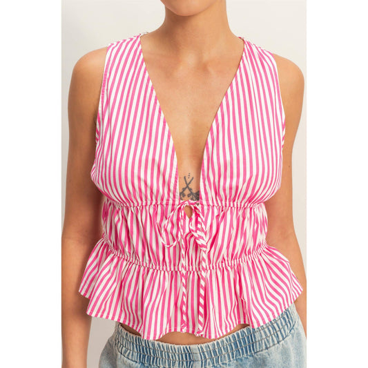 Striped Tie Front Peplum Sleeveless Top