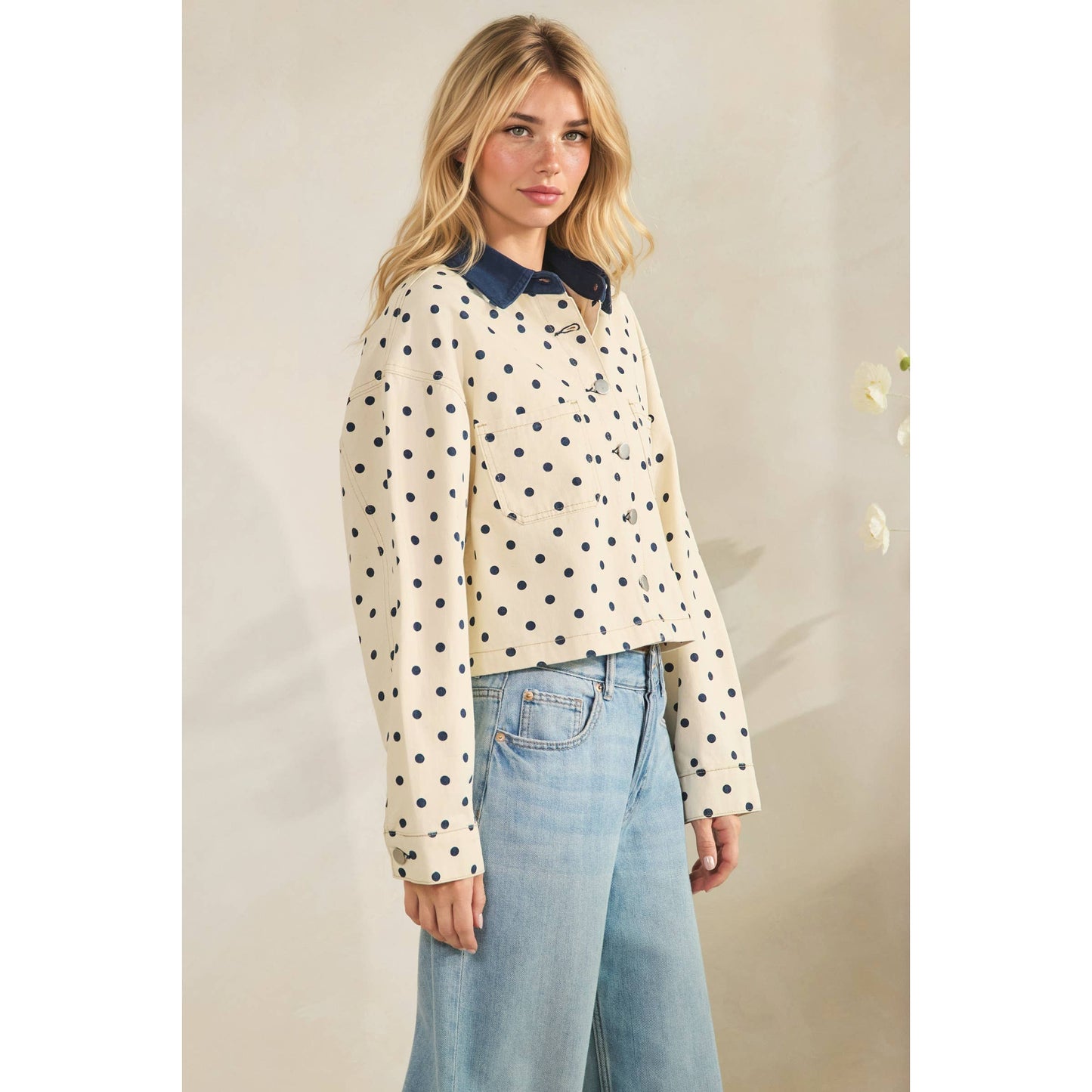 Cropped Polka Dot Denim Jacket