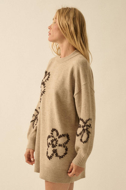 Floral Embroidered Mock-Neck Mini Sweater Dress