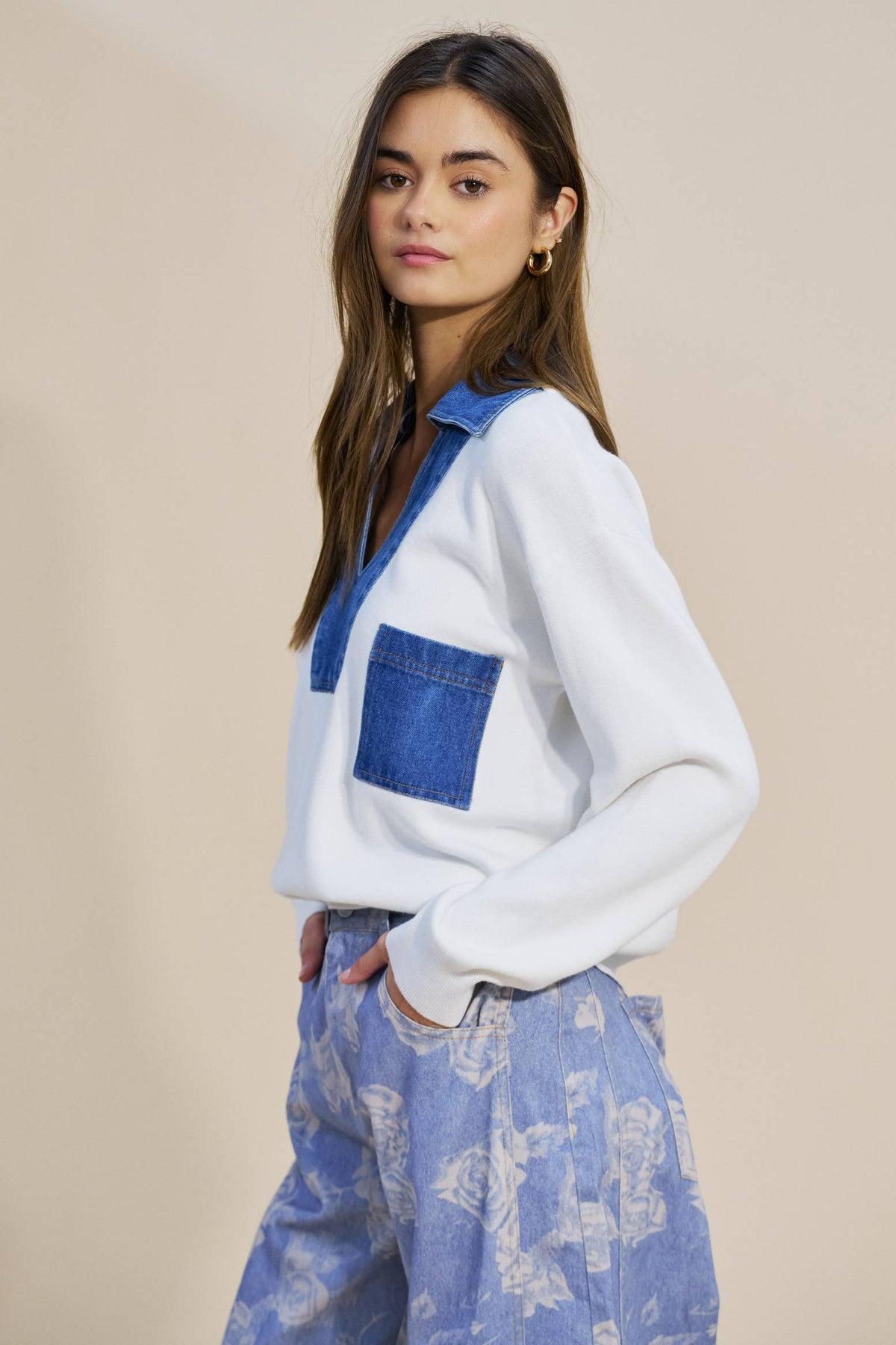Denim Collar Long Sleeve Top