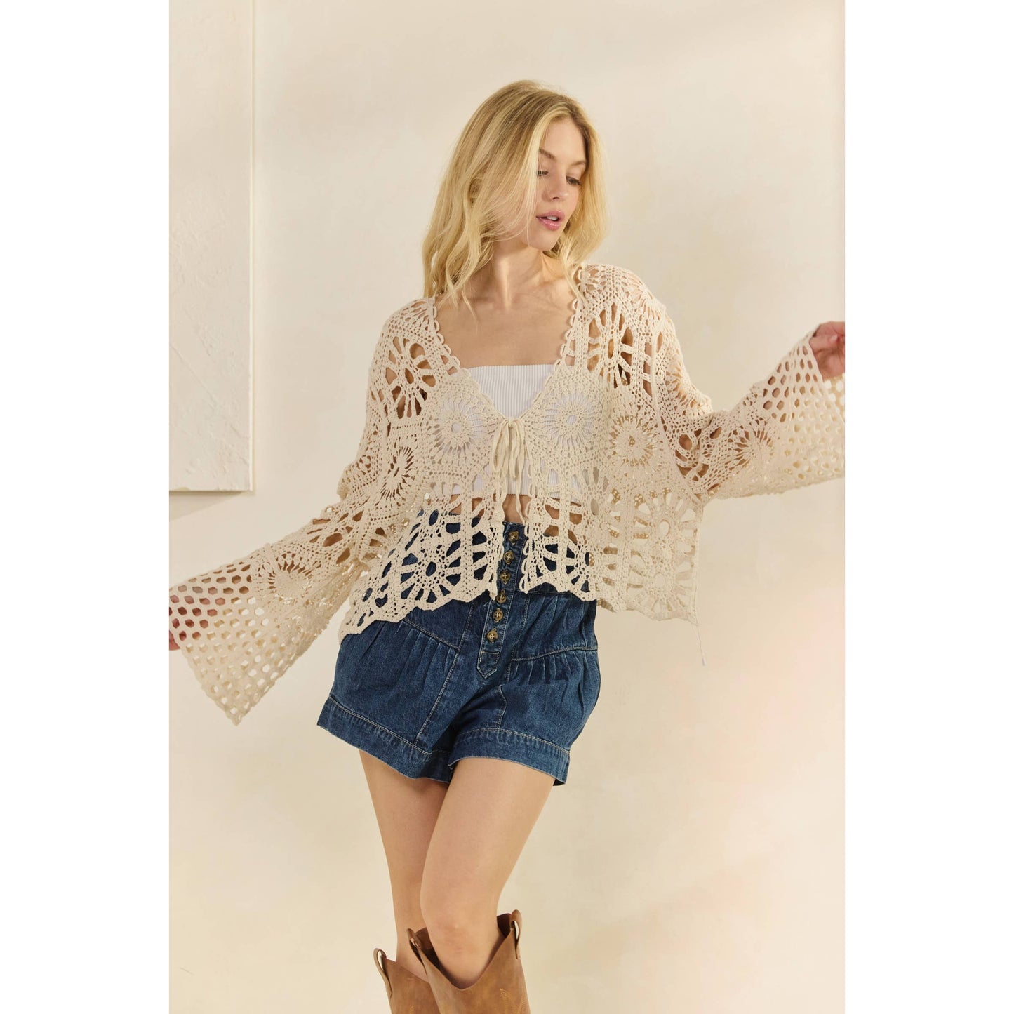 Crochet Bell Sleeve Top with Tie Front