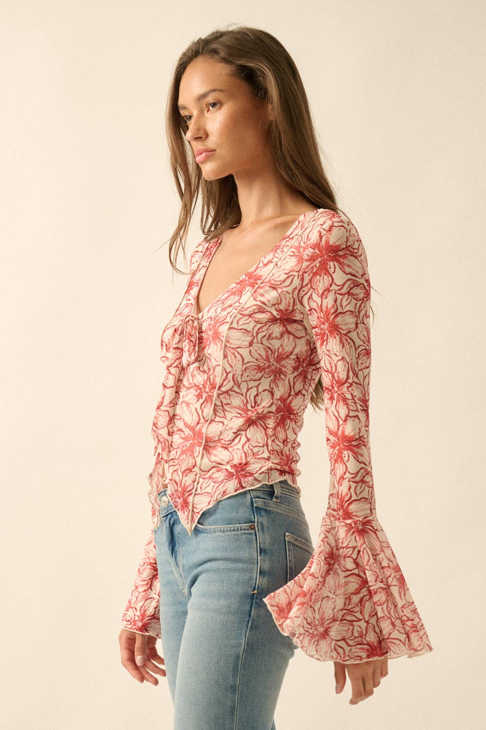 Floral Mesh Bell-Sleeve Top