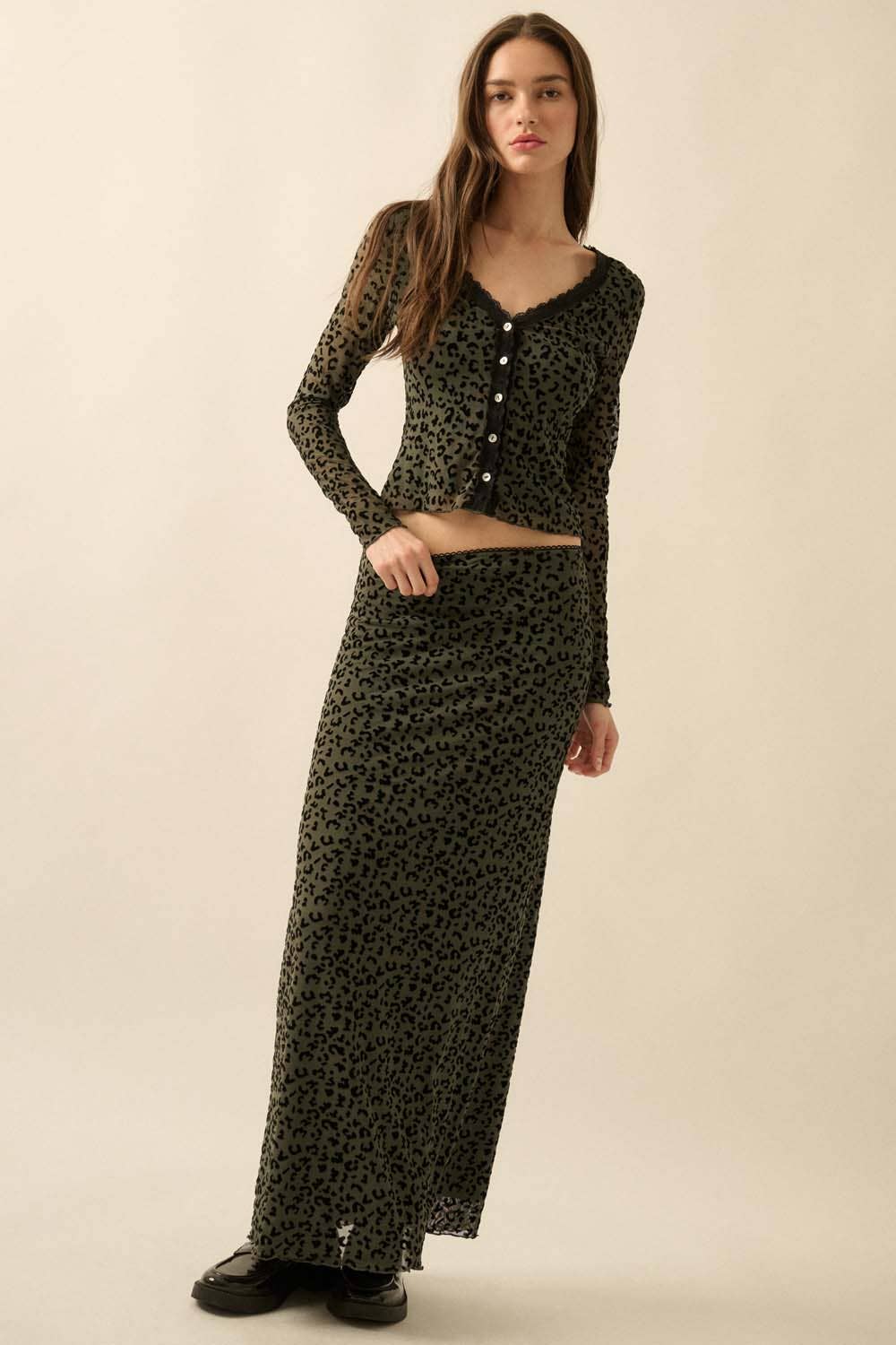 Leopard Mesh Straight Maxi Skirt