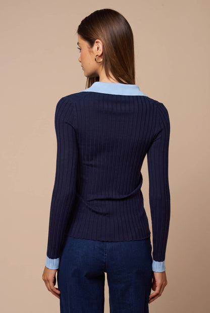 Contrast Collar Ribbed Knit Sweater