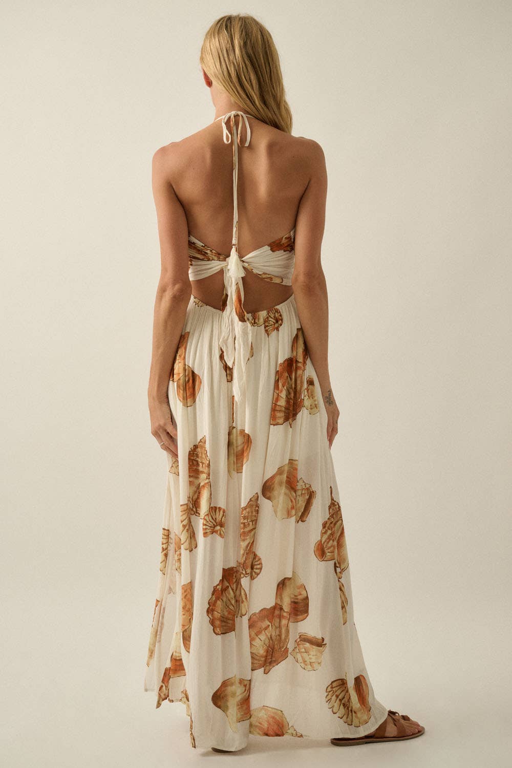 Seashell Tie-Back Halter Pocket Maxi Dress