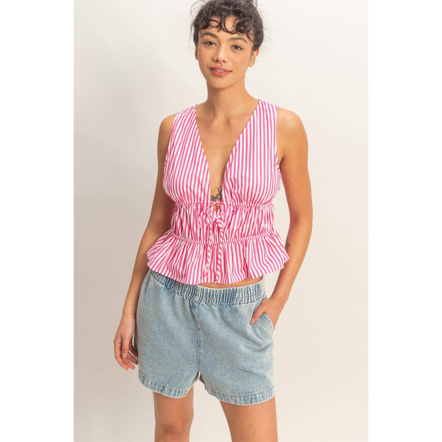 Striped Tie Front Peplum Sleeveless Top