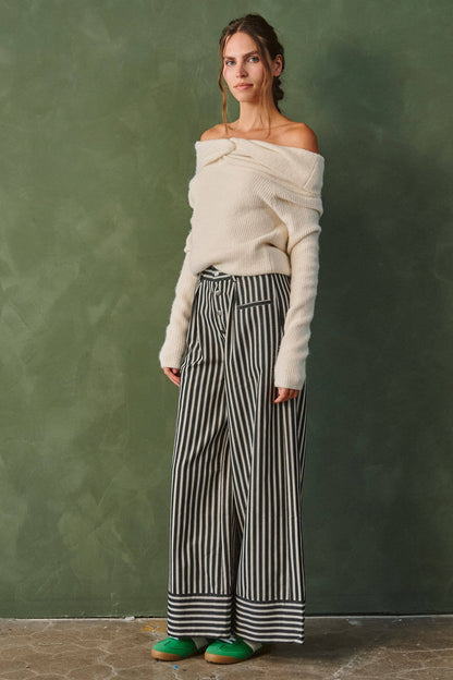 Stripe Button Wide Trouser Pants