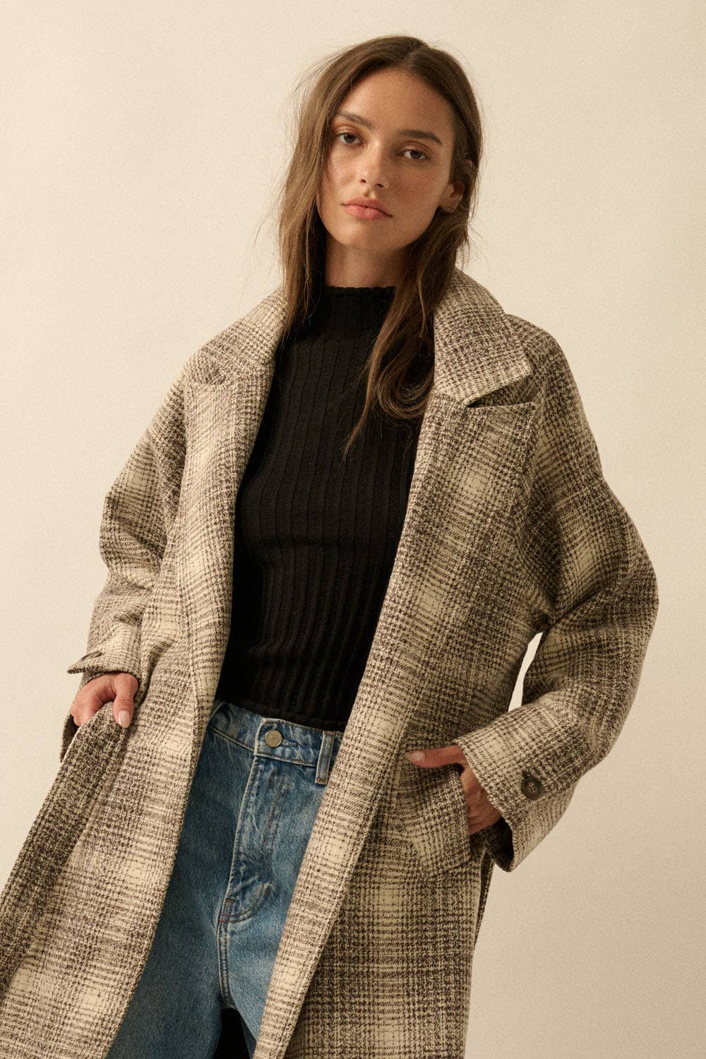 Plaid Tweed Open-Front Belted Raglan Overcoat
