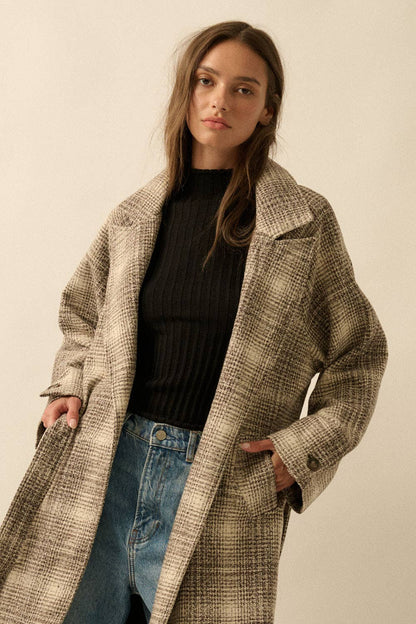 Plaid Tweed Open-Front Belted Raglan Overcoat