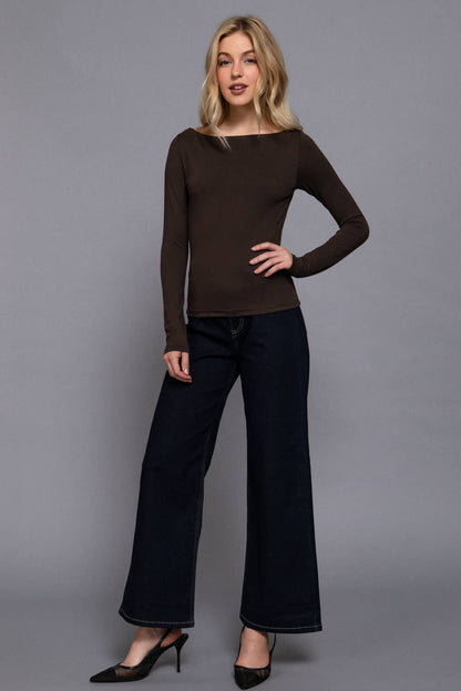 Long Sleeve Boat Neck Knit Top