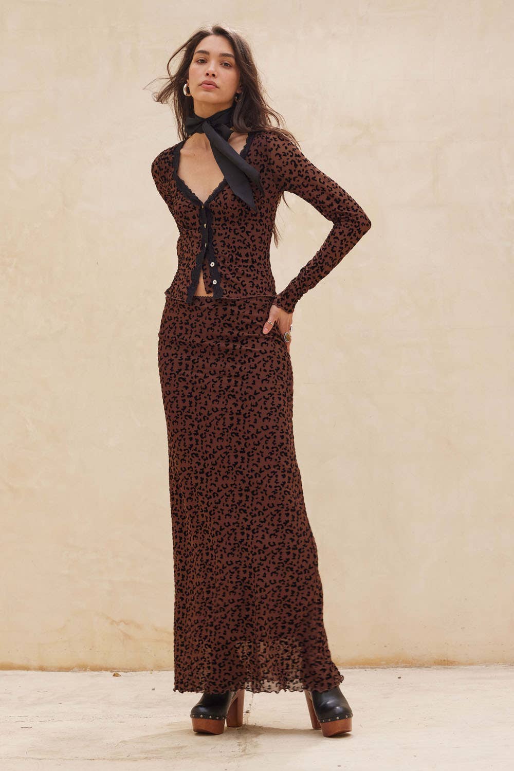 Leopard Mesh Lace-Trim Button-Front Top