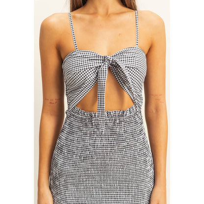 Gingham Smocked Cutout Midi Dress