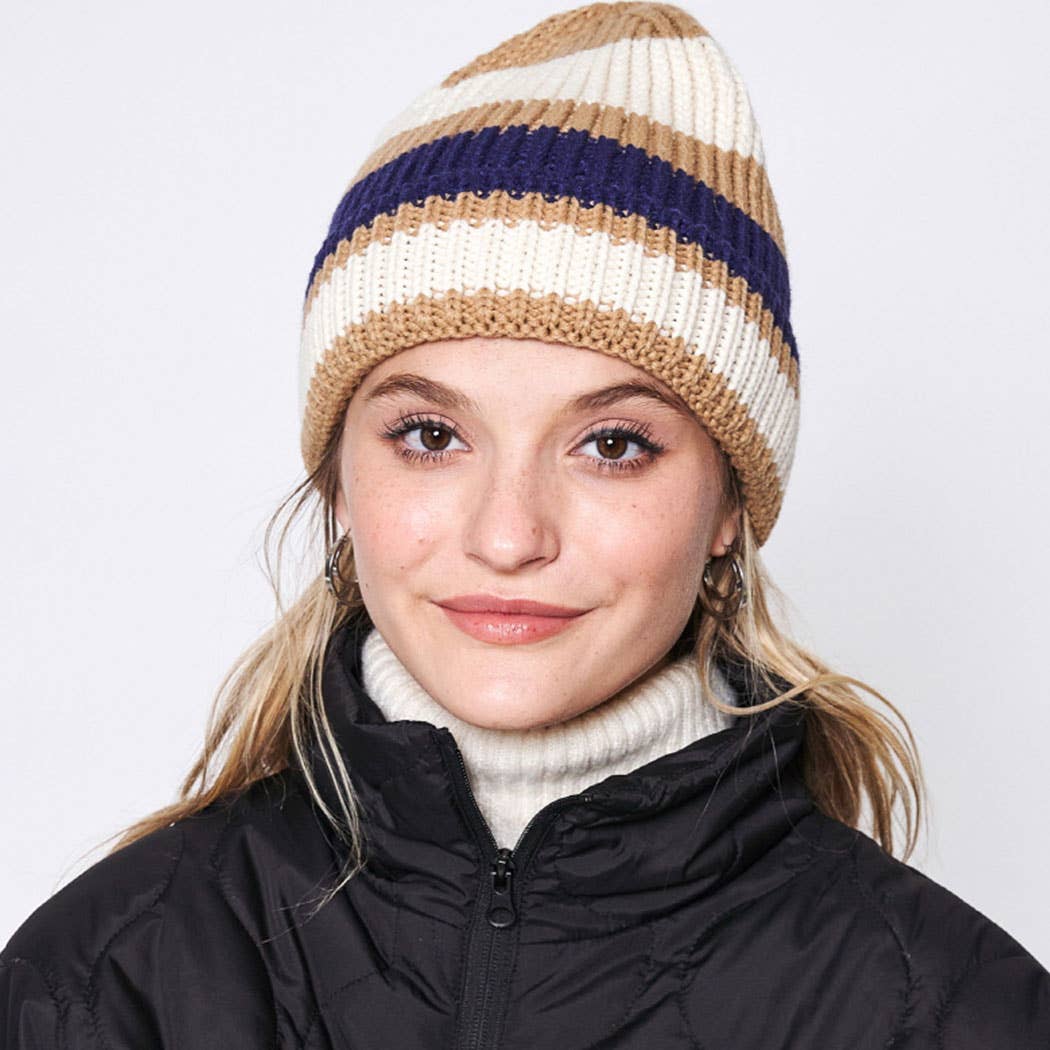 Multi-Colored Stripe Cuff Beanie Hat