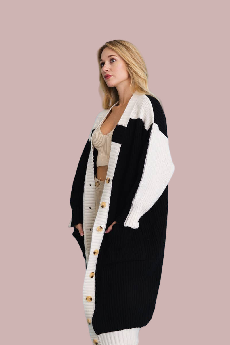 Color Block Button-Up Knit Cardigan